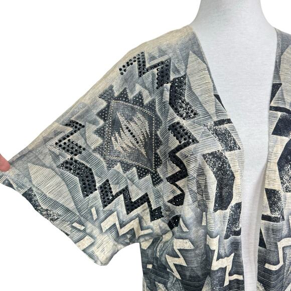 Vocal Gray Tan Jeweled Embellished Short Dolman Sleeve Open Cardigan Shrug - Picture 7 of 10